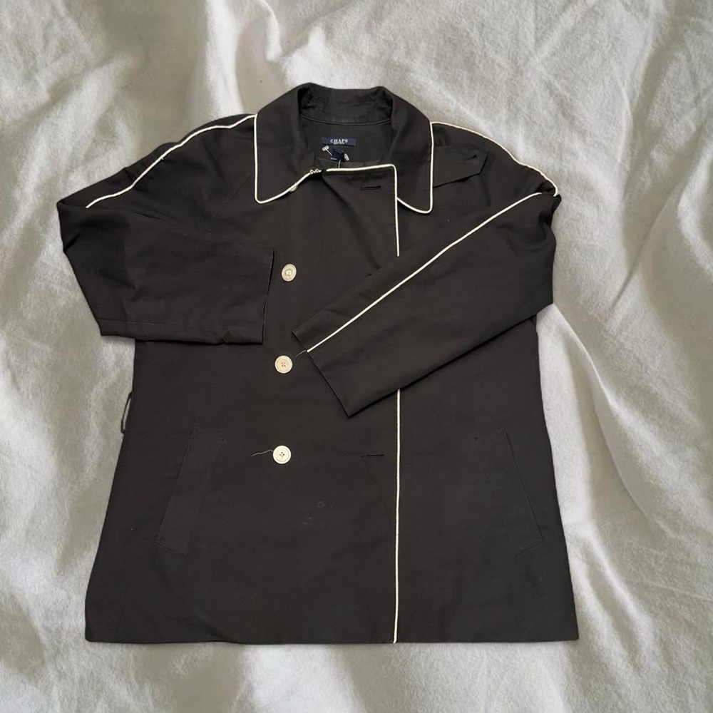 Chaps Black Trench Coat with White Trim - Picture 2 of 7